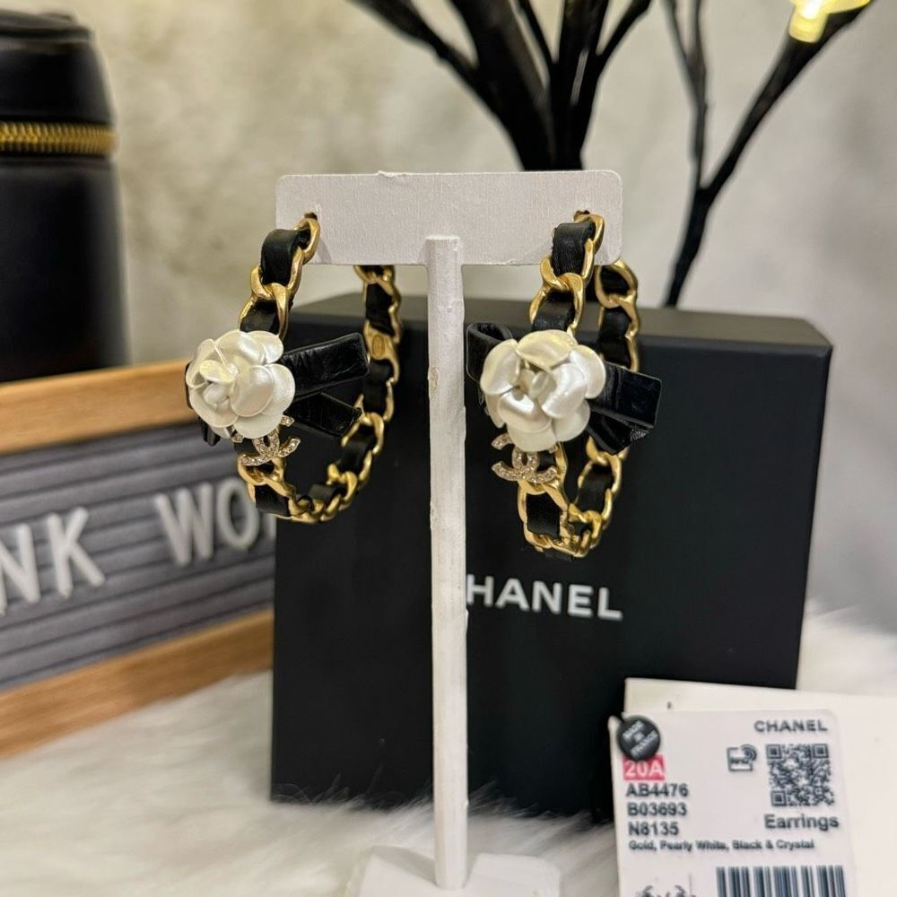 Sold Chanel 2020 Metiers D’Art Large Jumbo Hoop Black Leather Camellia earrings